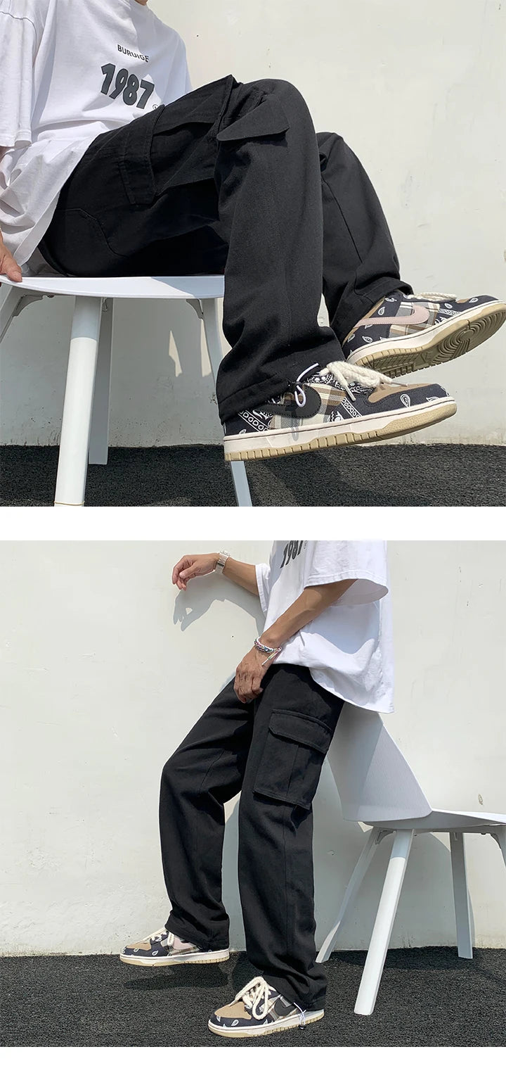 Calças de carga pretas / brancas masculinas moda solta reta calças de perna larga homens streetwear hip-hop bolso calças casuais calças masculinas