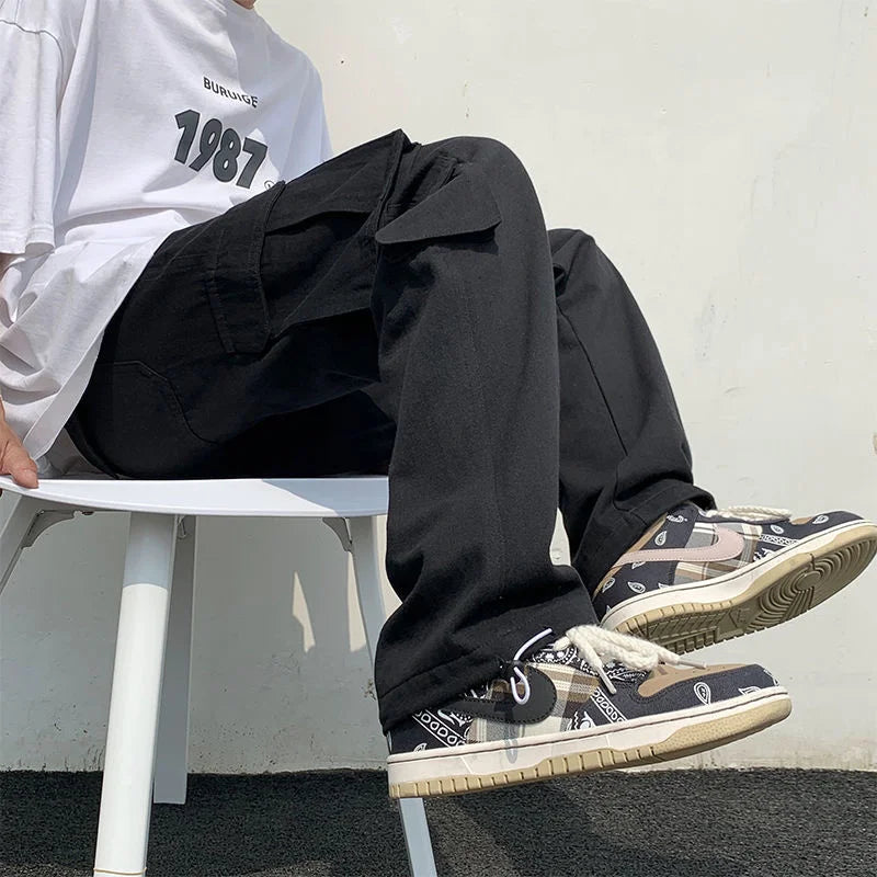 Calças de carga pretas / brancas masculinas moda solta reta calças de perna larga homens streetwear hip-hop bolso calças casuais calças masculinas