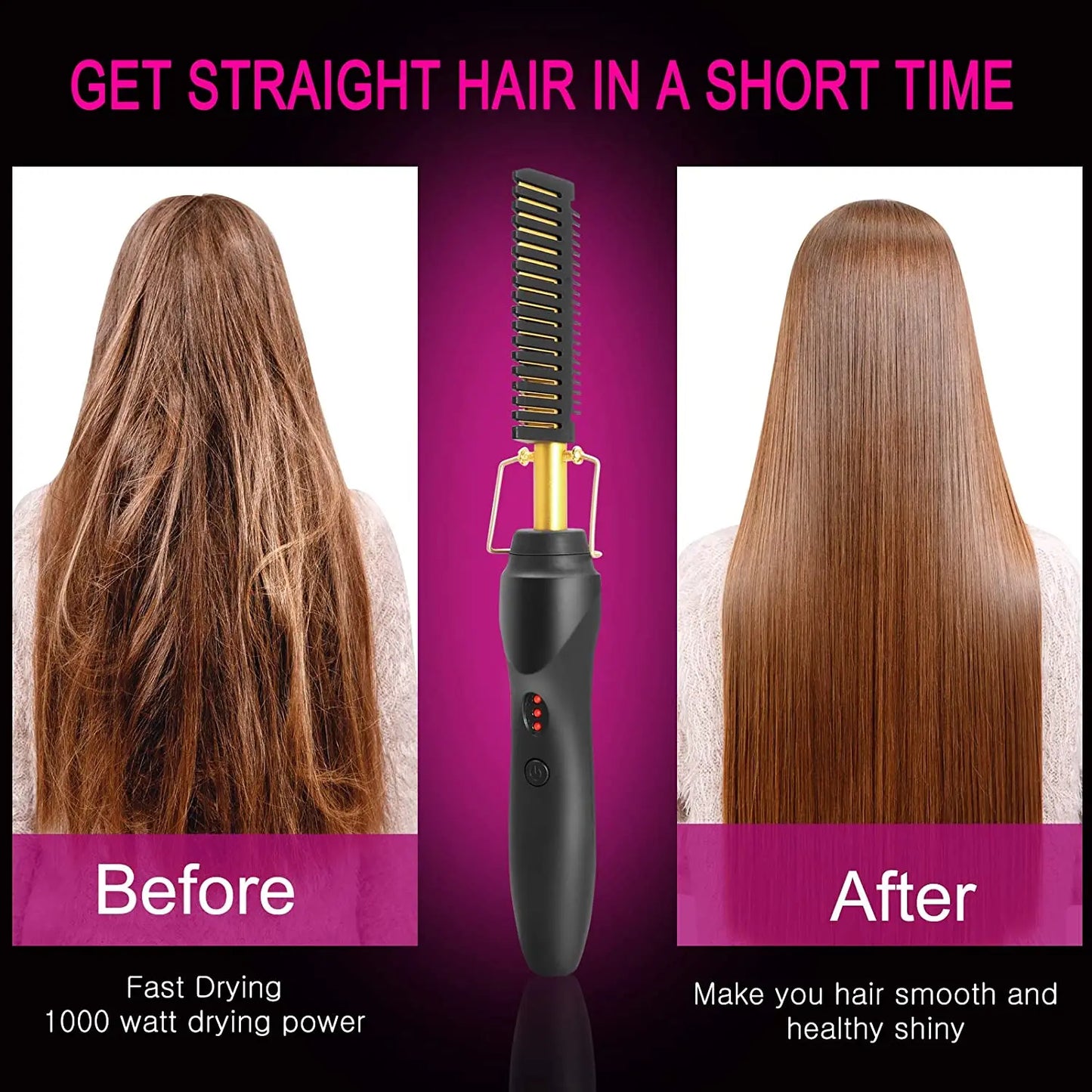 Escova alisadora 2 em 1, escova de cabelo elétrica com aquecimento rápido, portátil, ideal para viagem, alisador de barba com proteção contra queimaduras.