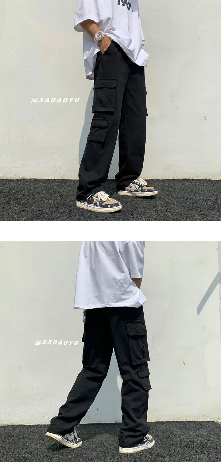 Calças de carga pretas / brancas masculinas moda solta reta calças de perna larga homens streetwear hip-hop bolso calças casuais calças masculinas