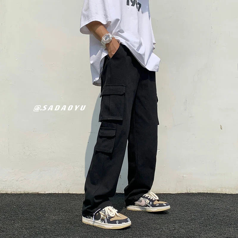 Calças de carga pretas / brancas masculinas moda solta reta calças de perna larga homens streetwear hip-hop bolso calças casuais calças masculinas