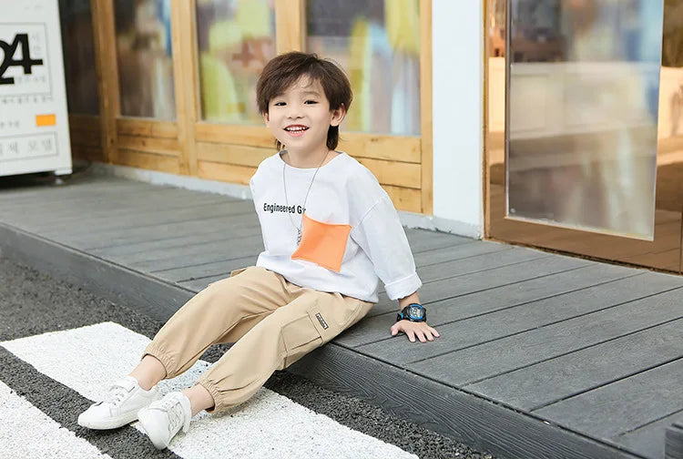 Kids Cargo Pants Solid Color Children Casual Trousers with Multi Pockets Elastic Waist Boys Cargo Pant Streetwear Spring Autumn