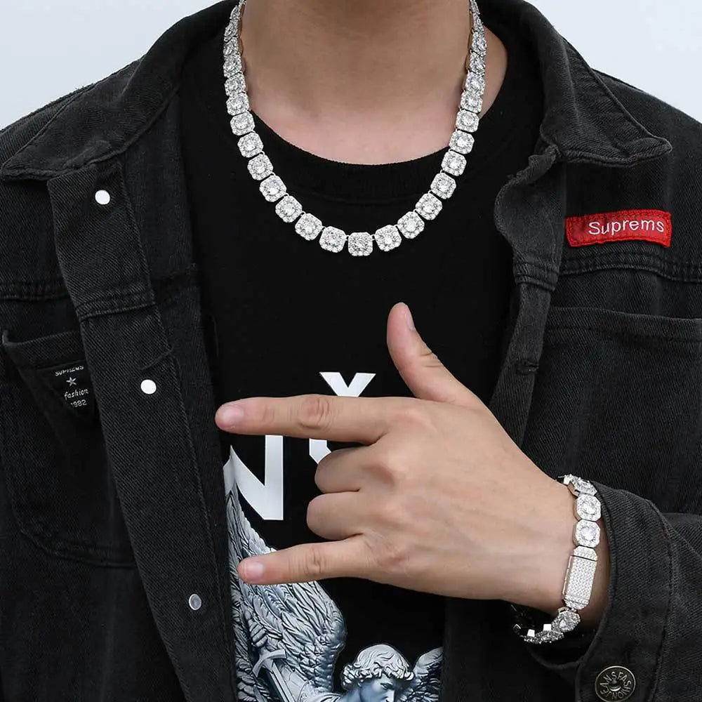 10 / 12MM Clustered Tennis Chain para Homens Colar Hip Hop Iced Out Zircônia Latão Rapper Rock Gargantilha Jóias