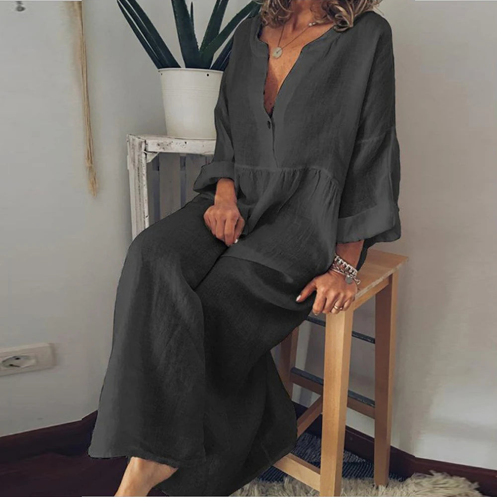 Vestido Longo de Linho de Algodão para Mulheres 2023 Verão Cor Pura Casual Manga Curta Camisa Vestido Praia Roupas Femininas Y2K Vestido Rob