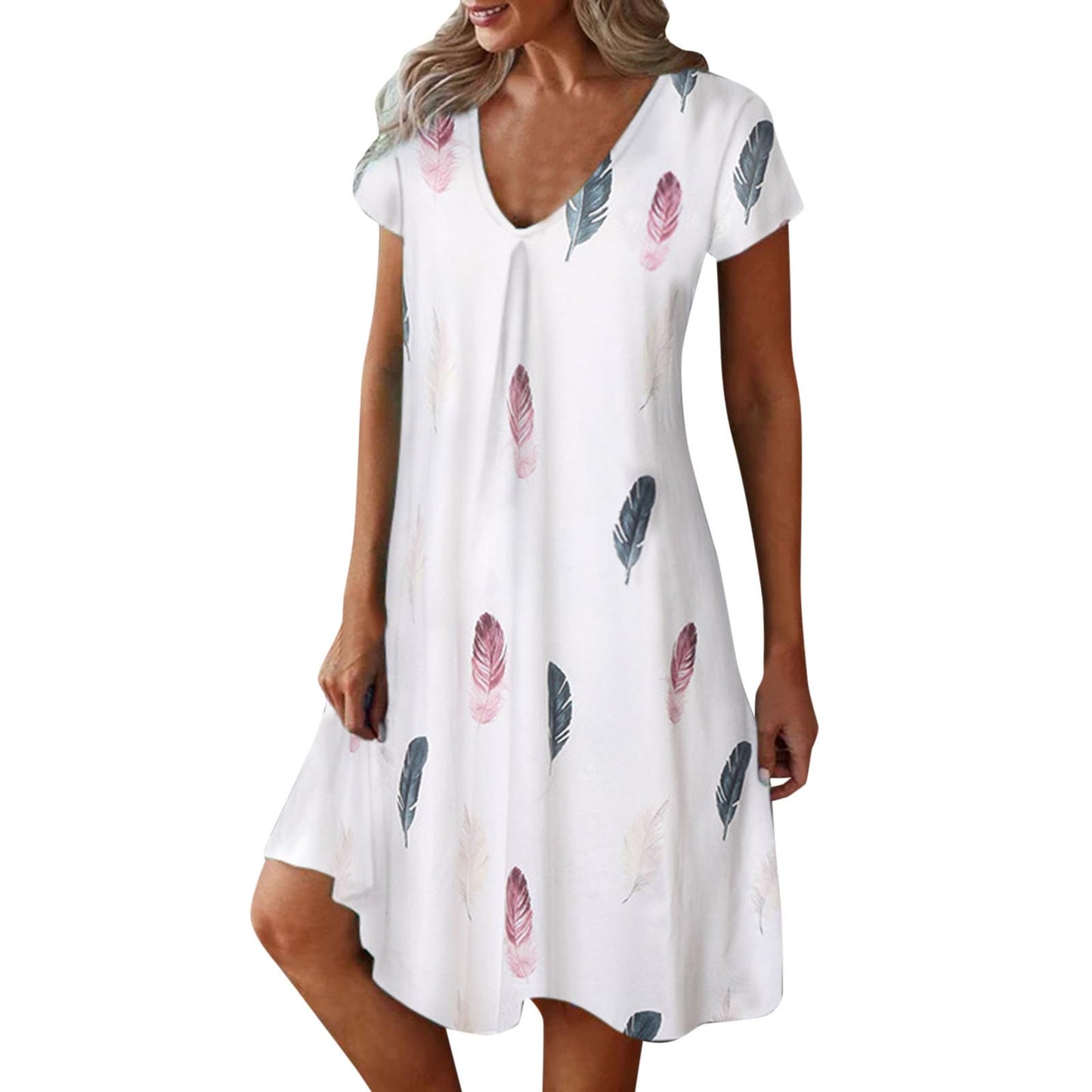 Vestidos com estampa de penas Mulheres Verão 2025 Roupas Manga Curta Decote em V Mini Vestido Elegante Boêmio Moda Vestido de verão Vestidos de praia