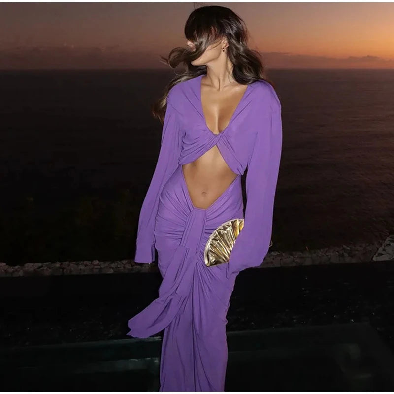 Vestido Maxi Fino Roxo Oco Out Mulheres Elegante Decote Em V Profundo Plissado Manga Cheia Vestidos Longos 2024 Vestes De Festa Da Senhora Da Moda