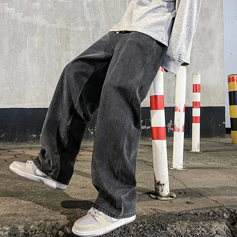 2024 Novo Streetwear Jeans Solto Masculino Estilo Coreano Moda Solta Reta Perna Larga Calças Masculinas Roupas de Marca Preto Azul Claro