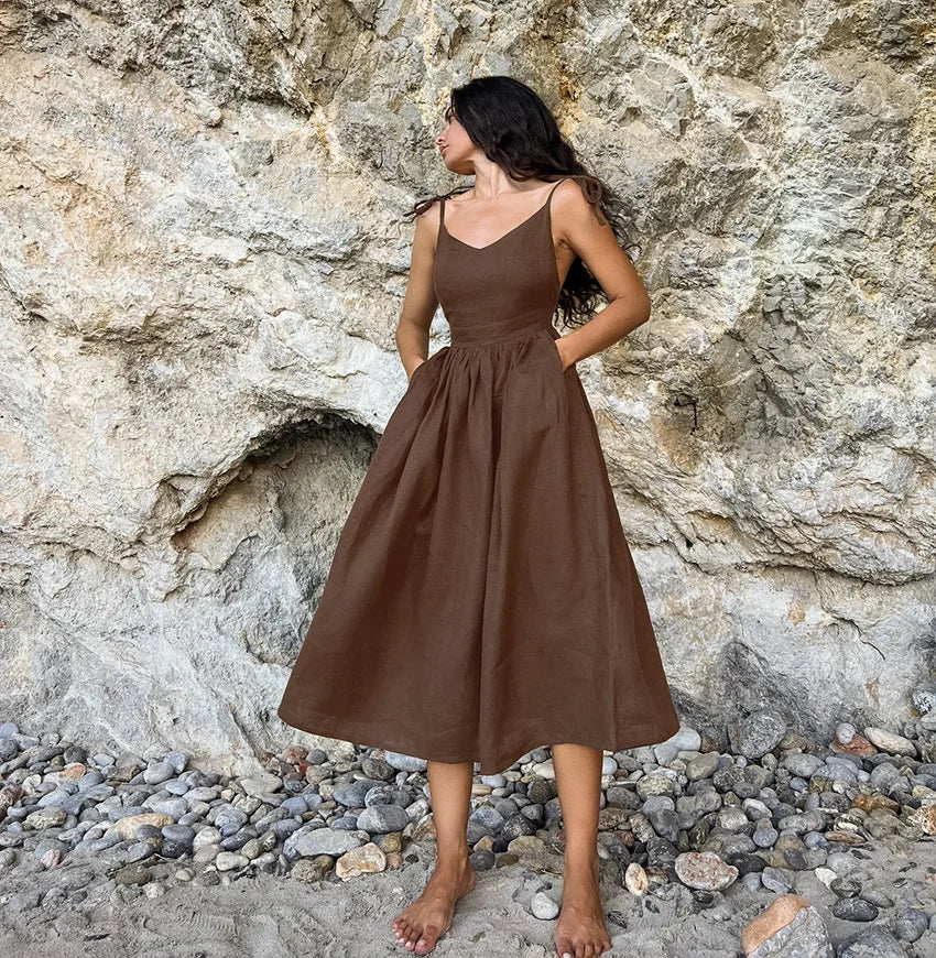 Vestido de cintura alta com suspensório respirável de algodão e linho Verão europeu e americano Novo estilo de férias saia longa para mulheres