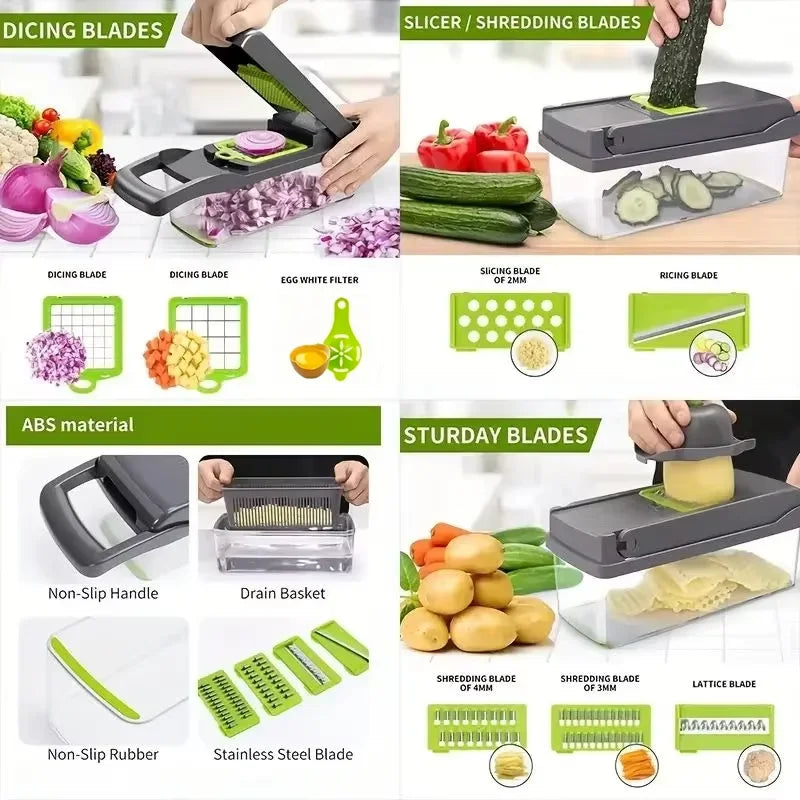 Cortador de Legumes Ferramenta de Cozinha Multifuncional, Picador de Alimentos 5 em 1 para Tomate, Cenoura, Queijo e Cebola, Ralador Cortador Manual