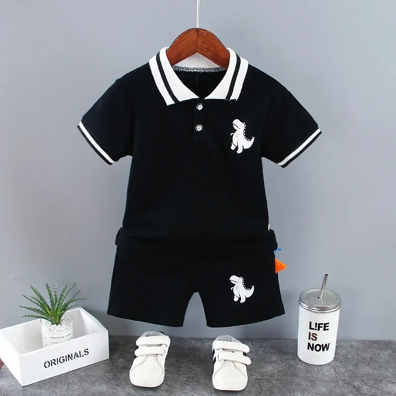Verão Crianças Roupas Do Bebê Meninos Conjunto de Roupas Dinossauro Impresso Turn-down Collar T-Shirts Tops + Shorts 2PCS / Suit Conjuntos de Roupas Infantis