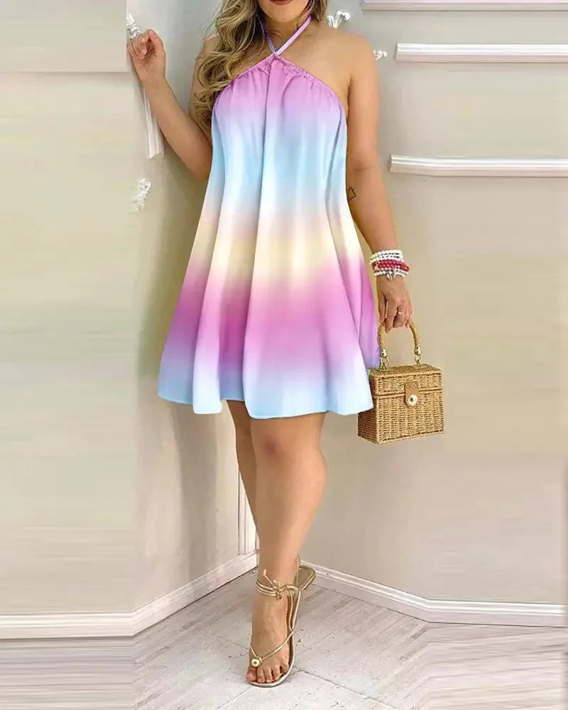 Vestido de Estampa Tropical com Decote Halter, Estilo de Férias Vestido Sem Costas para Primavera & Verão, Roupas Femininas