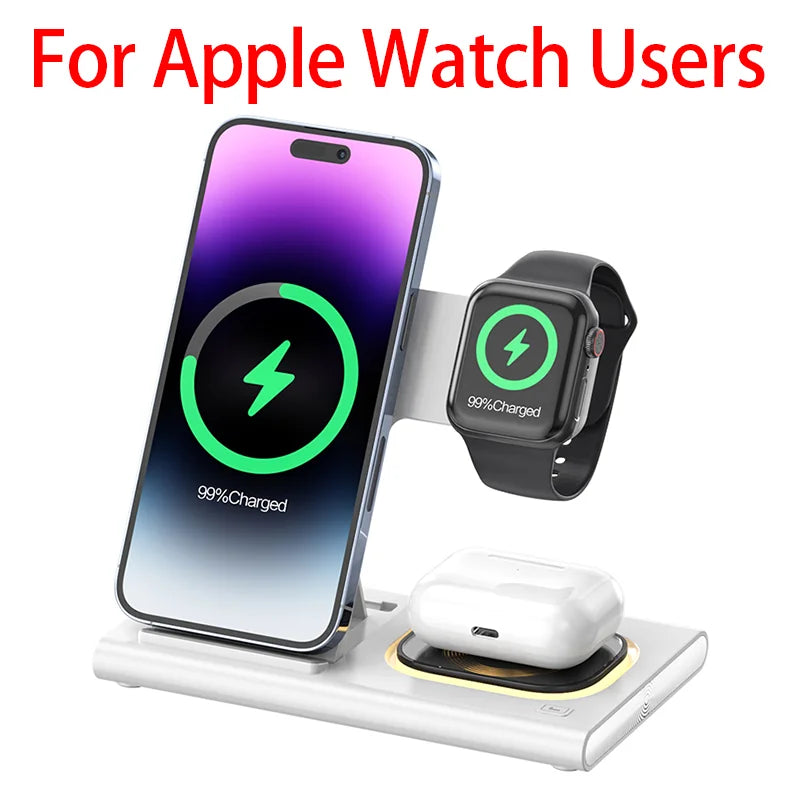 Carregador Sem Fio 3 Em 1 Dobrável 300W com Suporte de Mesa para Carregamento Rápido para iPhone 16 15 14 13, Samsung, Apple Watch e Airpods