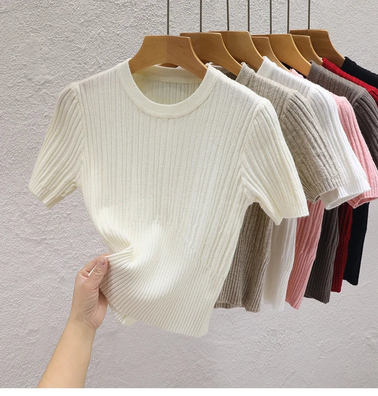 Camisetas de verão para mulheres Casual Feminino Coreano Malha Streetwear Tees Básico Sólido Jovem Cool Tops