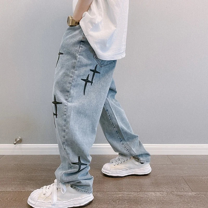 Estampas Jeans Homens 2023 Novo Streetwear Baggy Wide Leg Jeans Coreano Moda Cortinas Reta Casual Solta Denim Cargo Calças