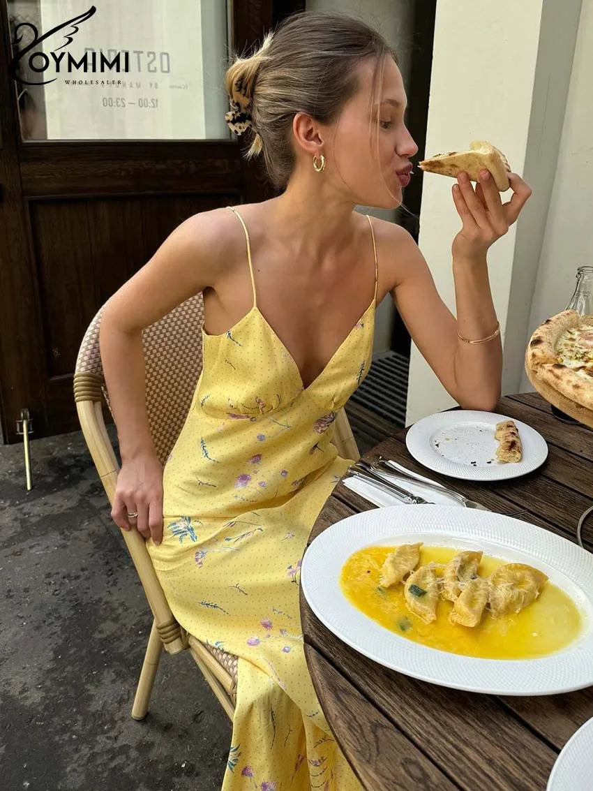 Vestido Feminino Casual Oymimi com Estampa Amarela Elegante Alças Finas Costas Abertas Moda Outono Cintura Alta Vestido de Tornozelo
