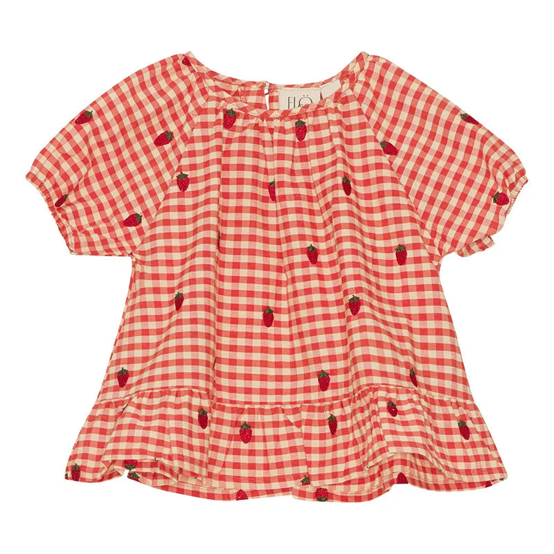 2024 Verão Floess Roupas Infantis Bebê Meninas Vestido de Algodão Xadrez Morango Manga Curta Camisetas Shorts Ternos Roupas Infantis