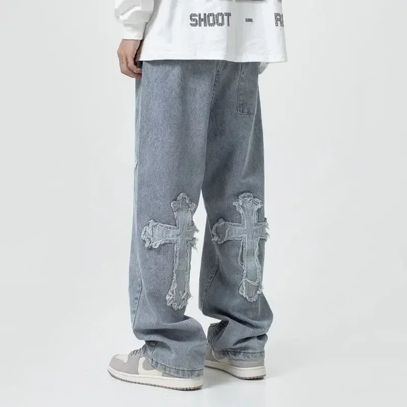 Calças da moda outono calças jeans cruzadas streetwear hip hop cintura baixa jeans largas para coreano Y2k calças cargo femininas
