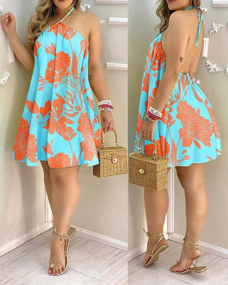 Vestido de Estampa Tropical com Decote Halter, Estilo de Férias Vestido Sem Costas para Primavera & Verão, Roupas Femininas