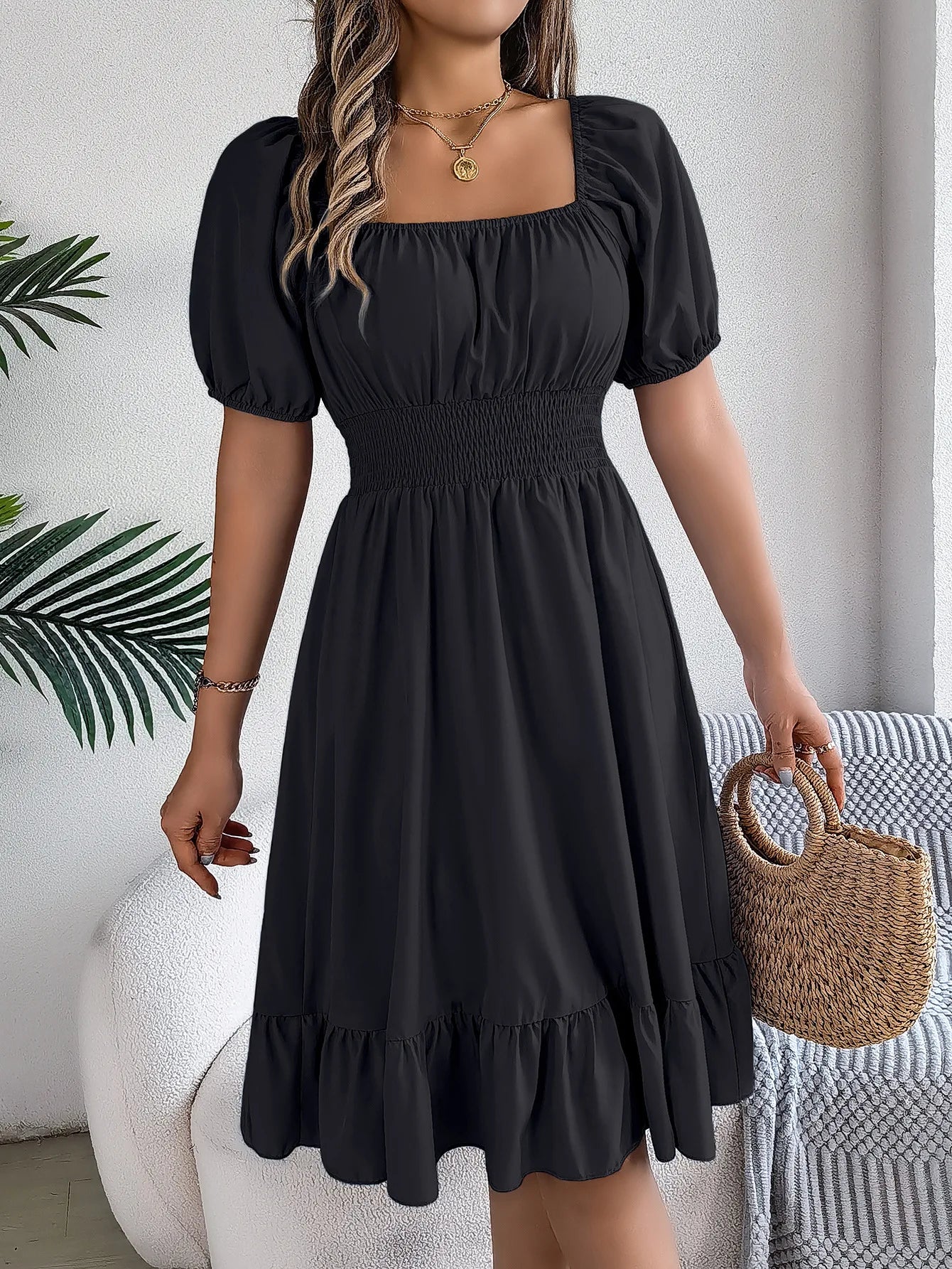 Mulheres Vestidos Pequenos 2024 Verão Casual Decote Quadrado Manga Curta Cintura Vestido de Borda com Babado Mulheres Elegante