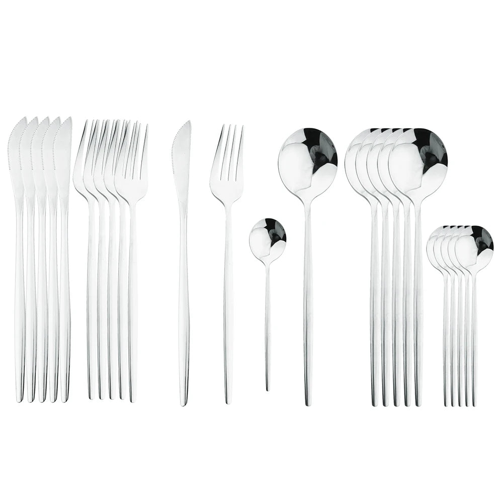 24 Pcs Preto Punho Conjunto de Talheres Dourados Aço Inoxidável Faca Garfo Colher Talheres Conjunto de Talheres Festival Cozinha Louça Presente