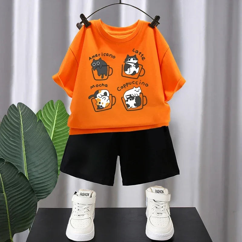 Verão Meninos Algodão T-shirts 5-12T Café Gatos Impresso Tops Cool Kids Tees Manga Curta Crianças Tops de Alta Qualidade Roupas Infantis