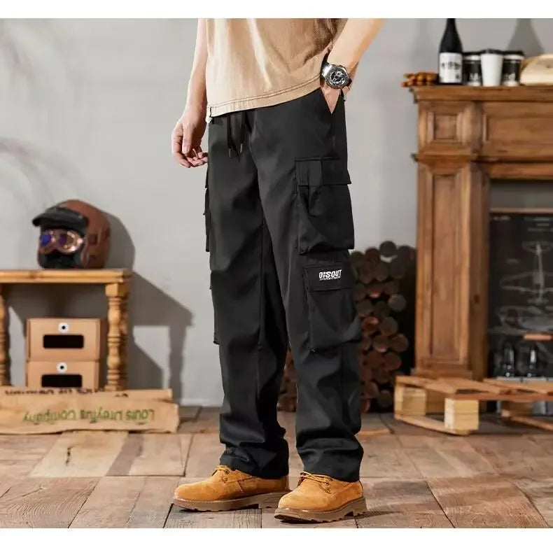 2024 Novas Calças Cargo Masculinas Soltas de Perna Reta Multi-Bolso Calças de Trabalho Vintage Calças Casuais Versáteis Modernas Primavera Outono