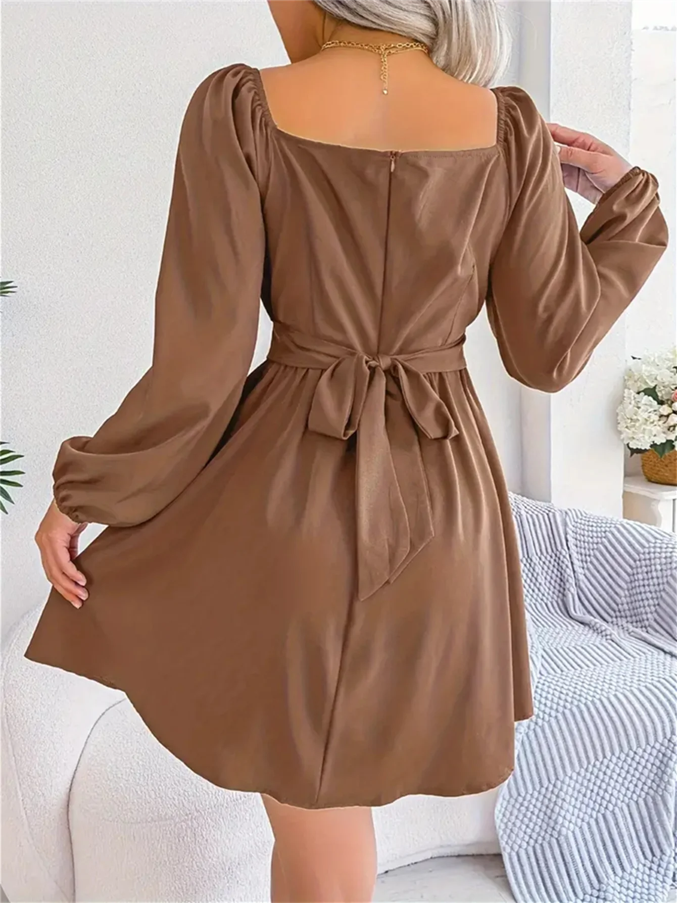 Vestido Casual Franzido com Decote Quadrado e Manga Longa com Acabamento em Babados para Primavera e Outono, Roupas Femininas