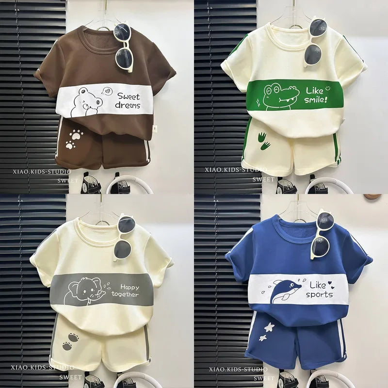 2024 Novo Terno de Manga Curta para Crianças Listrado Meninas Meninos Conjunto Tops de Verão + Roupas de Bebê Curtas para Uso Infantil
