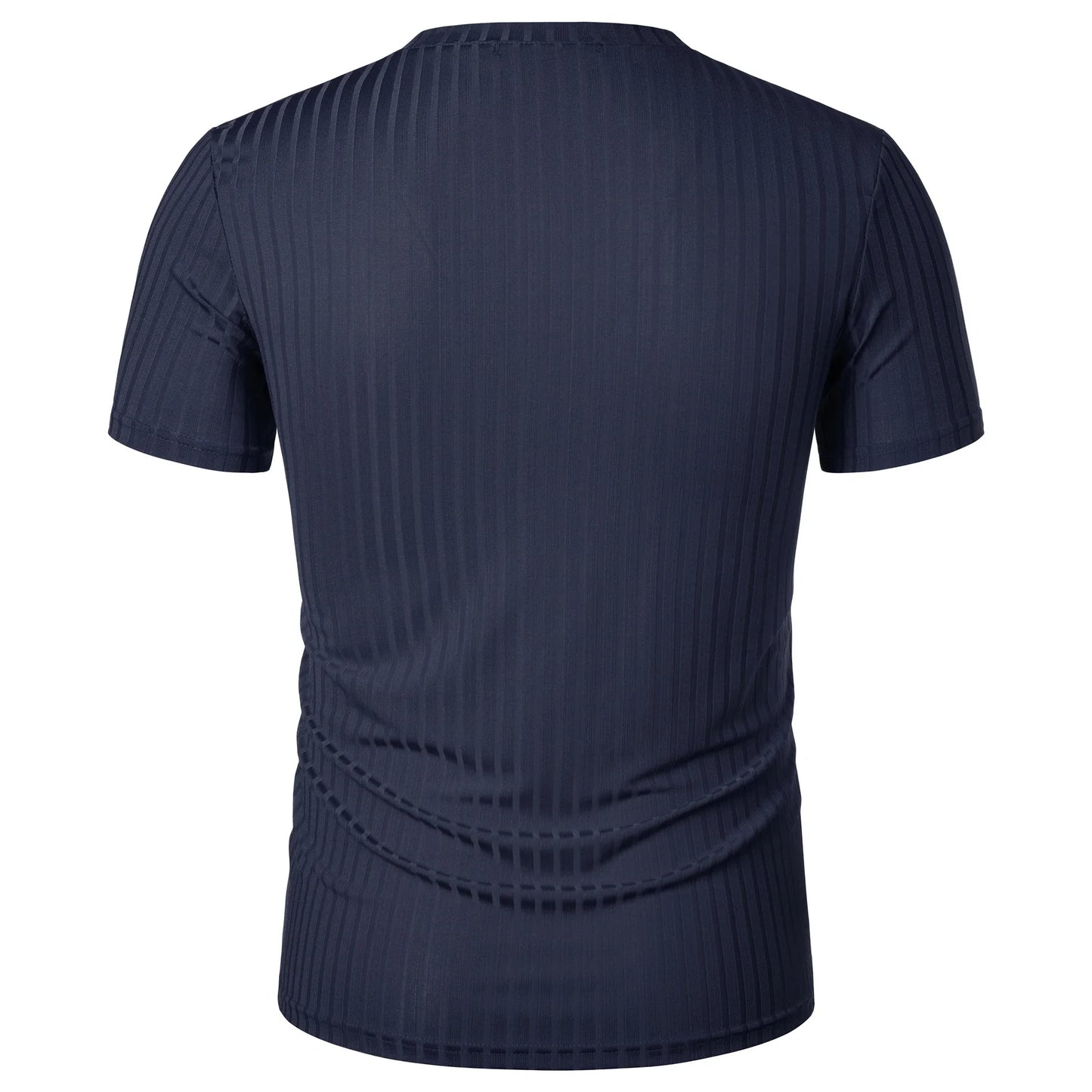 Homens Corrida Esportes Fitness Verão Novo Alto Elástico Listra Vertical Manga Curta Decote em V Slim Fit Malha Inferior Camisa Top