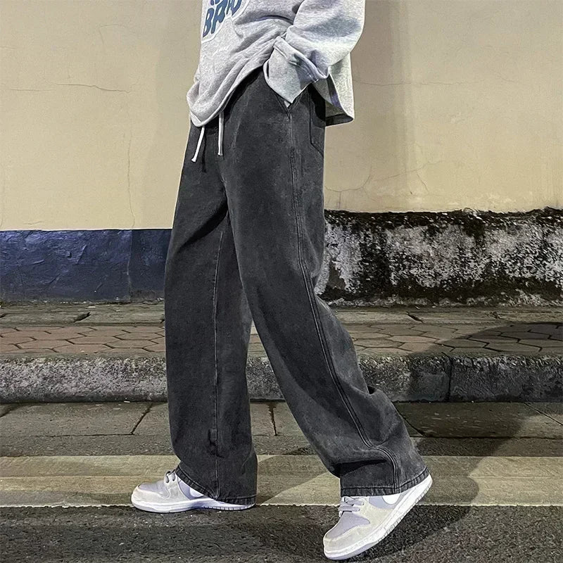 2024 Novo Streetwear Jeans Solto Masculino Estilo Coreano Moda Solta Reta Perna Larga Calças Masculinas Roupas de Marca Preto Azul Claro