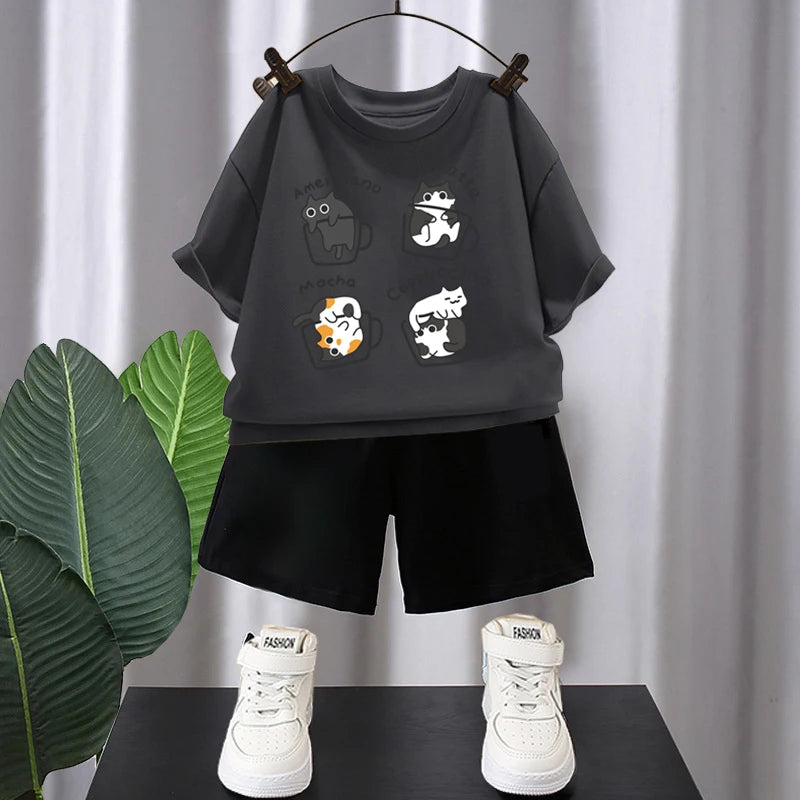 Verão Meninos Algodão T-shirts 5-12T Café Gatos Impresso Tops Cool Kids Tees Manga Curta Crianças Tops de Alta Qualidade Roupas Infantis