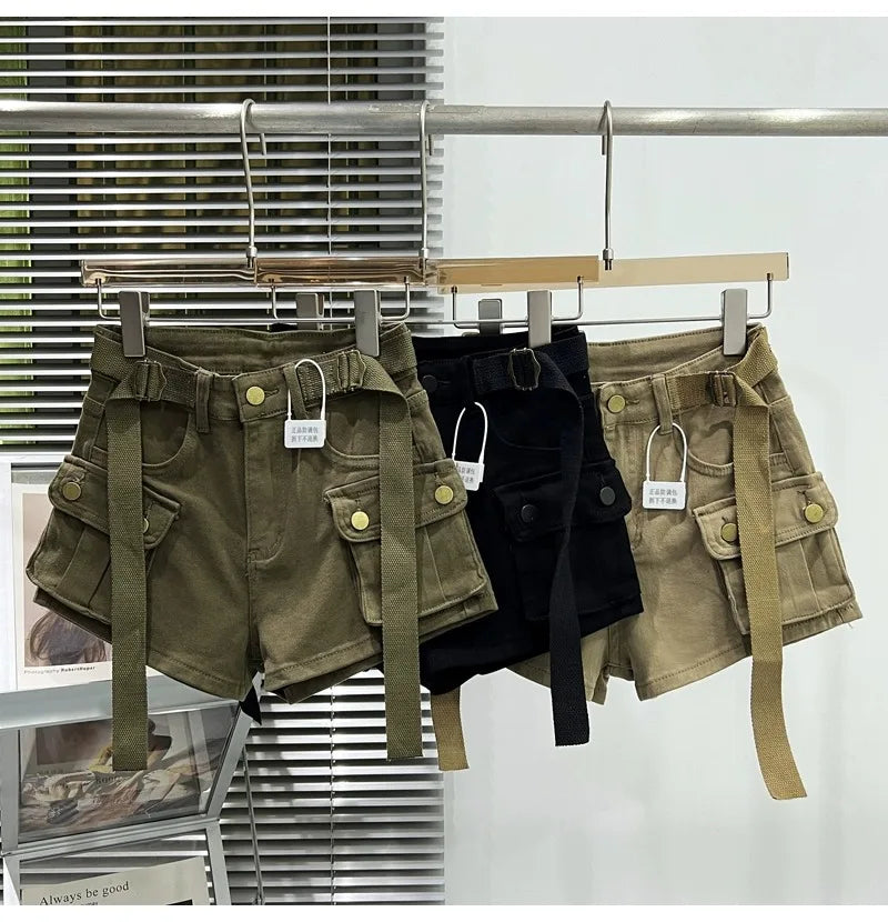 Shorts jeans de bolso grande para mulheres elásticas finas 2024 novas calças cargo curtas de cintura alta primavera/verão para meninas legais calças jeans quentes