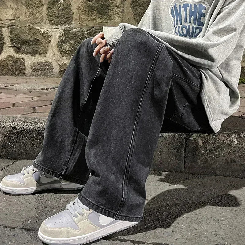 2024 Novo Streetwear Jeans Solto Masculino Estilo Coreano Moda Solta Reta Perna Larga Calças Masculinas Roupas de Marca Preto Azul Claro