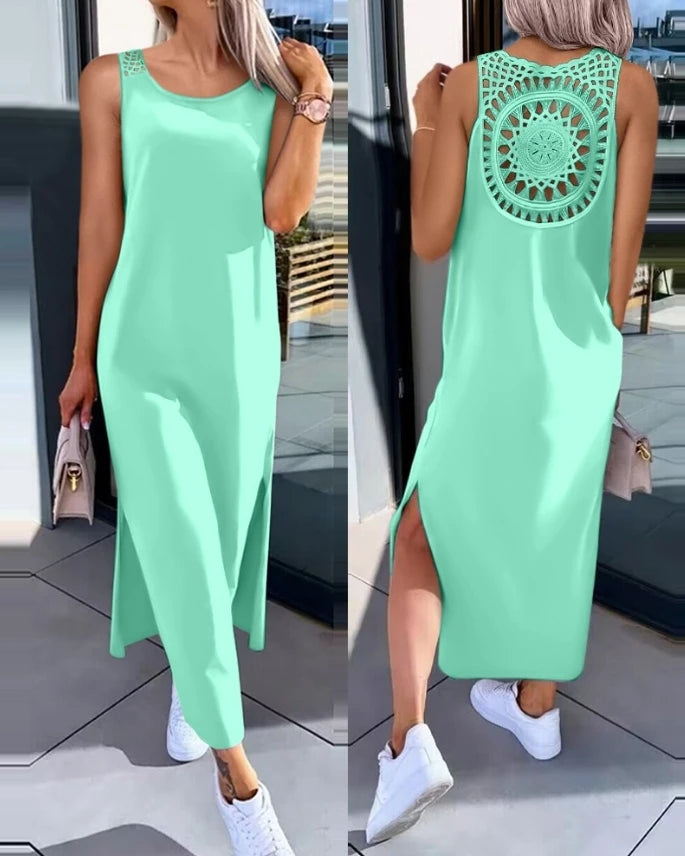 Vestidos Femininos 2024 Moda Verão Fenda Vazada Casual Tecido Decote Redondo Sem Mangas Diário Reto Vestido de Panturrilha Média