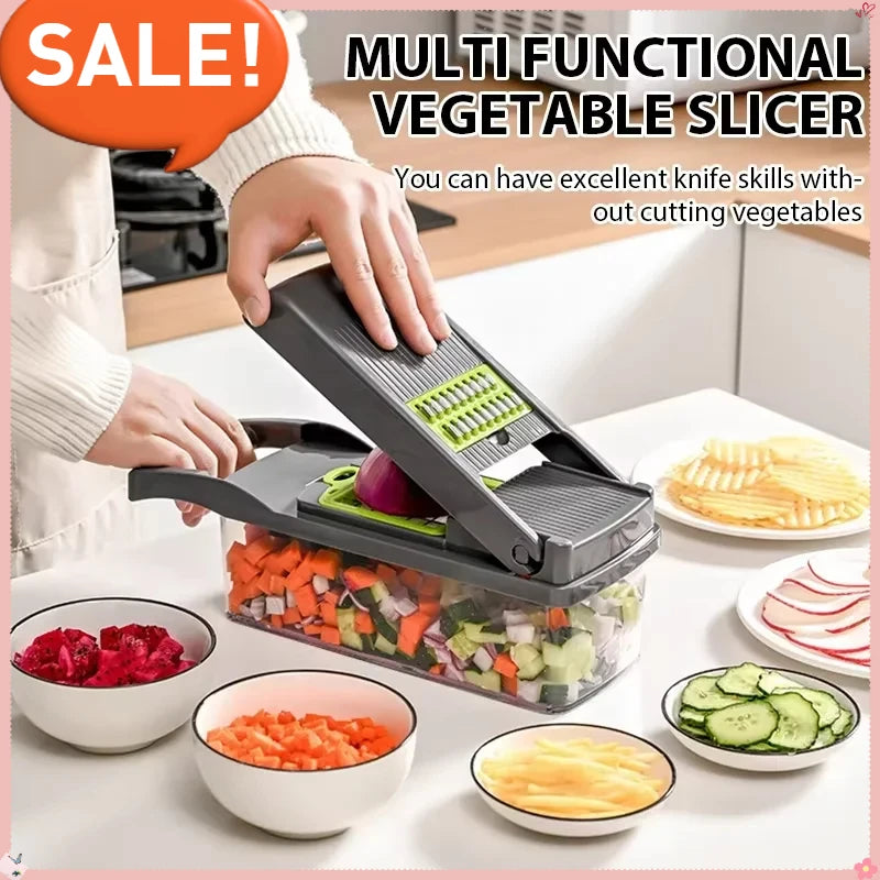 Cortador de Legumes Ferramenta de Cozinha Multifuncional, Picador de Alimentos 5 em 1 para Tomate, Cenoura, Queijo e Cebola, Ralador Cortador Manual