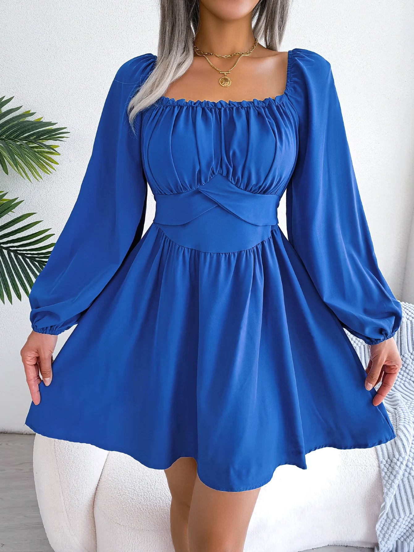 Vestido Casual Franzido com Decote Quadrado e Manga Longa com Acabamento em Babados para Primavera e Outono, Roupas Femininas