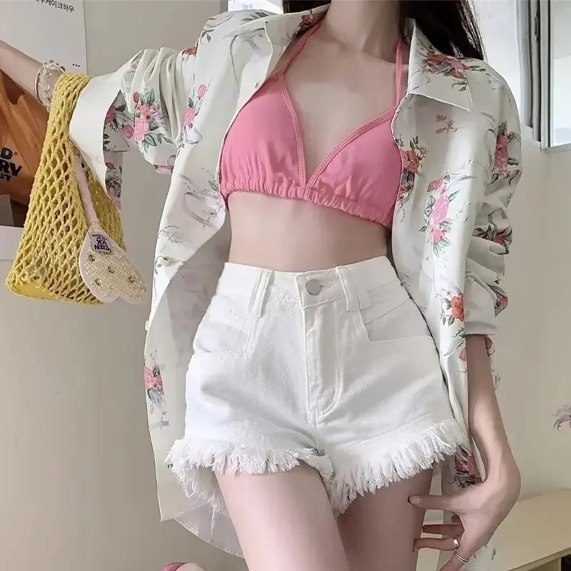 Shorts jeans com franjas avermelhadas rosa verão feminino novo nicho emagrecimento cintura alta picante menina linha A calças de calor de perna larga