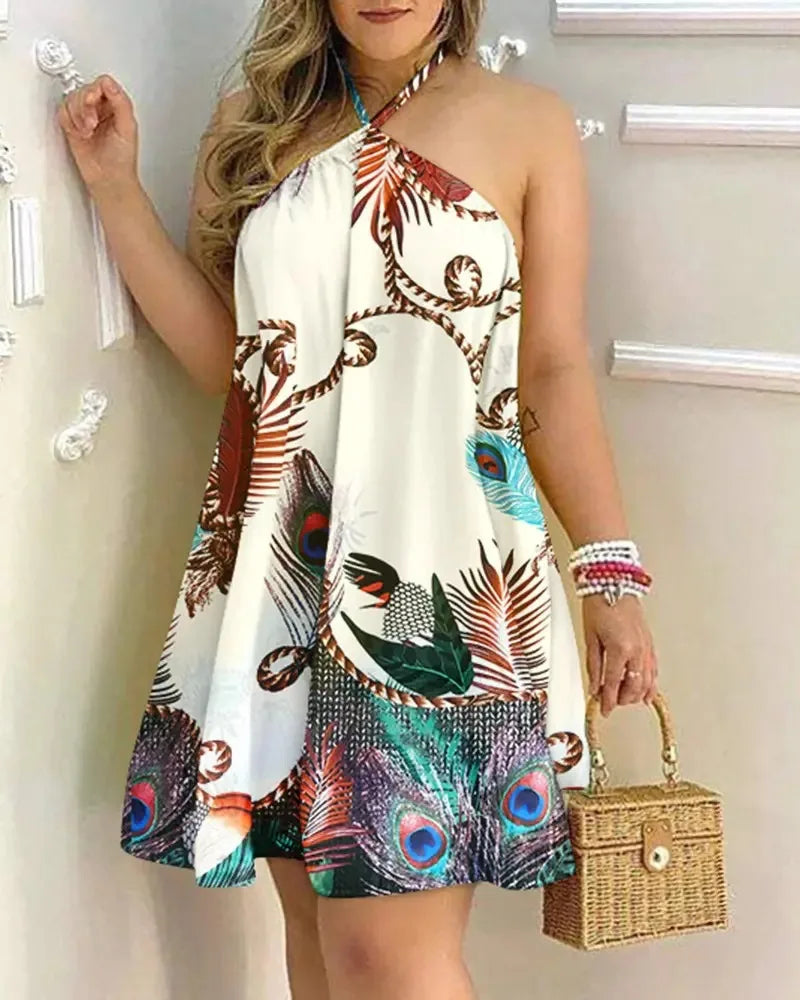 Vestido de Estampa Tropical com Decote Halter, Estilo de Férias Vestido Sem Costas para Primavera & Verão, Roupas Femininas