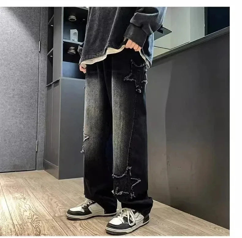 Estrelas Patchwork Homens Jeans Nova Moda Y2K Tassel Pants Coréia Roupas Em Linha Reta Hip Hop Emenda Calças Masculinas Streetwear