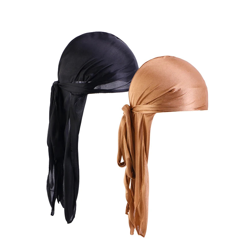 2 pcs Durags de cetim de seda para homens Designer Long Tail Beanies Doo Rags Caps Du-rags para mulheres Gravata de cetim de seda Do Rags Cap para ondas