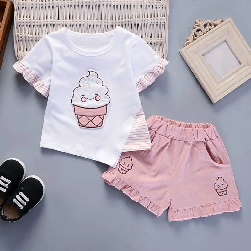 2 Pcs Criança Bebê Crianças Meninas Conjunto de Roupas de Manga Curta T-shirt Tops + Shorts Outfit Crianças Algodão Tops Calças Set