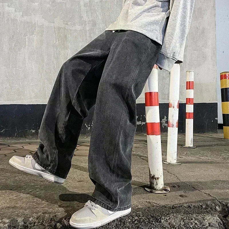 2024 Novo Streetwear Jeans Solto Masculino Estilo Coreano Moda Solta Reta Perna Larga Calças Masculinas Roupas de Marca Preto Azul Claro