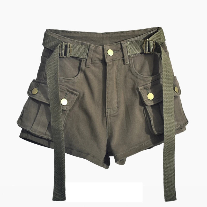 Shorts jeans de bolso grande para mulheres elásticas finas 2024 novas calças cargo curtas de cintura alta primavera/verão para meninas legais calças jeans quentes