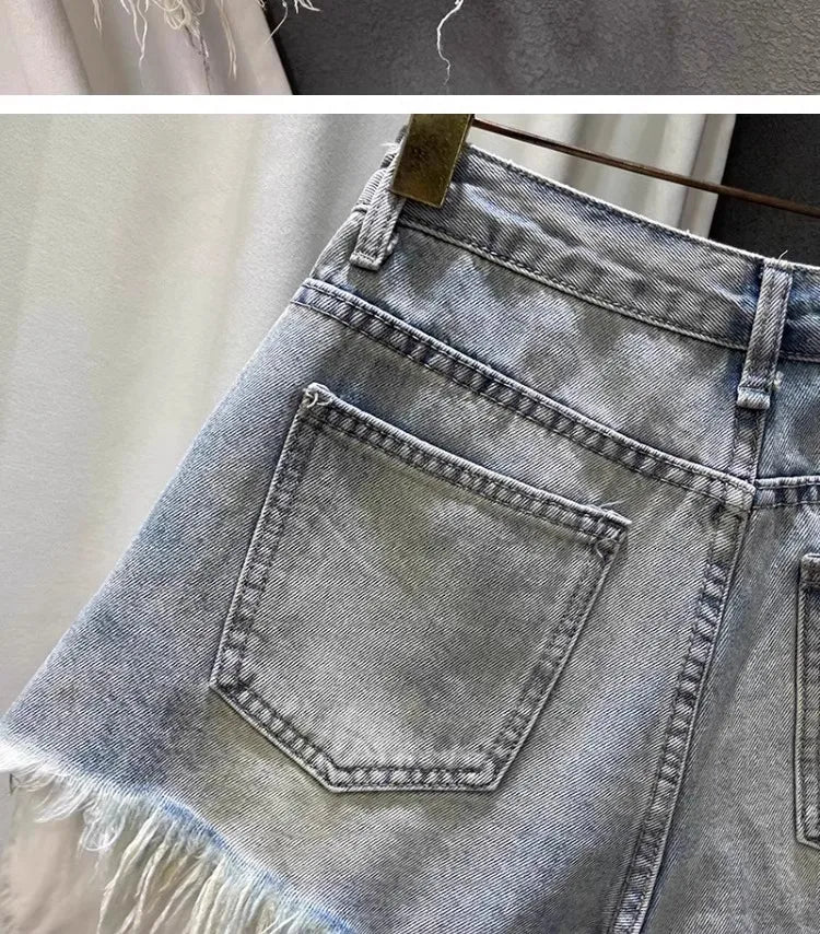 2025 Novas Mulheres Cintura Alta Buracos de cor clara Projetado Shorts Jeans Femininos em forma de A Jeans rasgados s-xl rosa azul