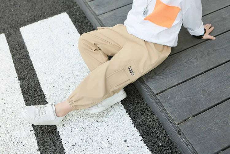 Kids Cargo Pants Solid Color Children Casual Trousers with Multi Pockets Elastic Waist Boys Cargo Pant Streetwear Spring Autumn