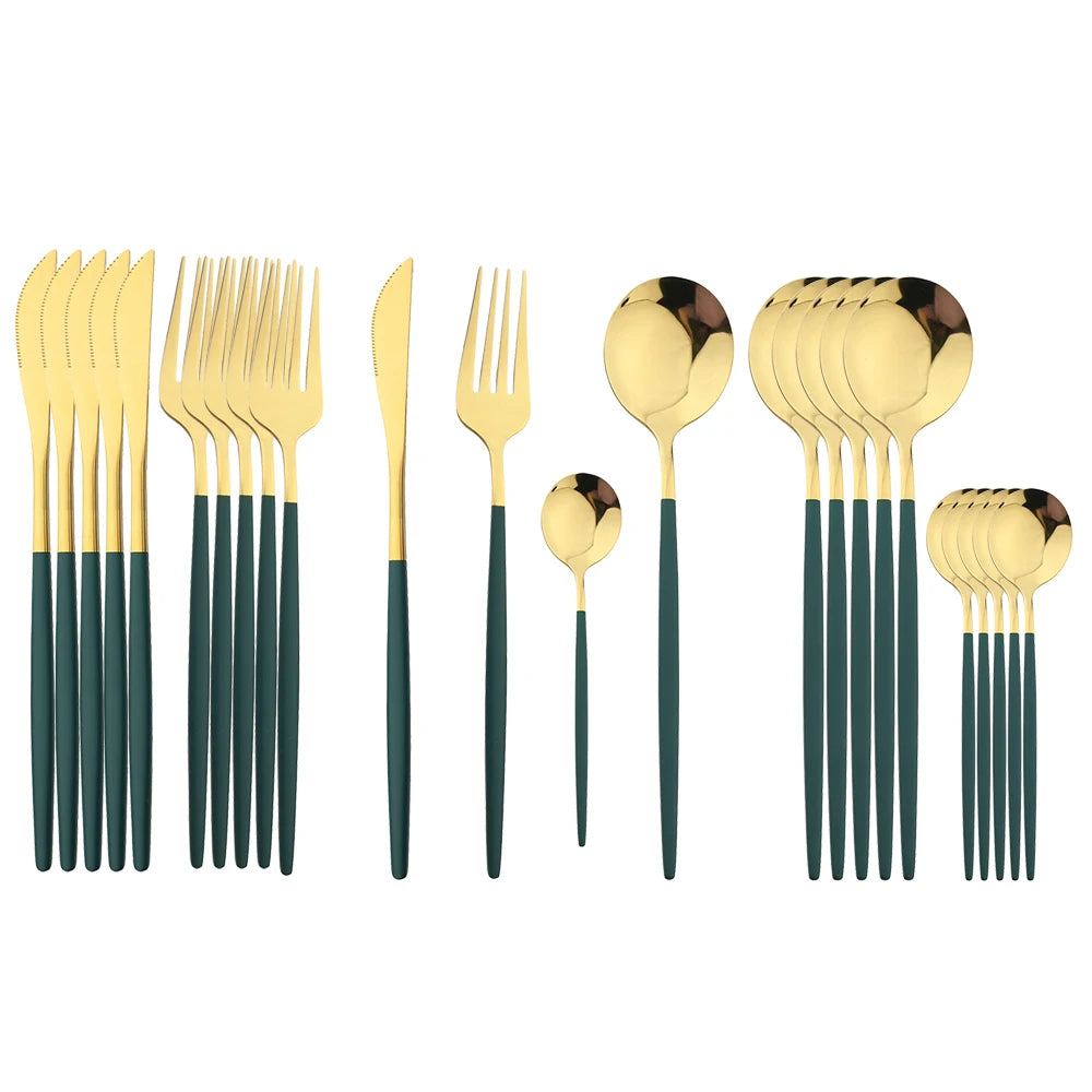 24 Pcs Preto Punho Conjunto de Talheres Dourados Aço Inoxidável Faca Garfo Colher Talheres Conjunto de Talheres Festival Cozinha Louça Presente