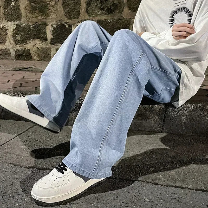 2024 Novo Streetwear Jeans Solto Masculino Estilo Coreano Moda Solta Reta Perna Larga Calças Masculinas Roupas de Marca Preto Azul Claro
