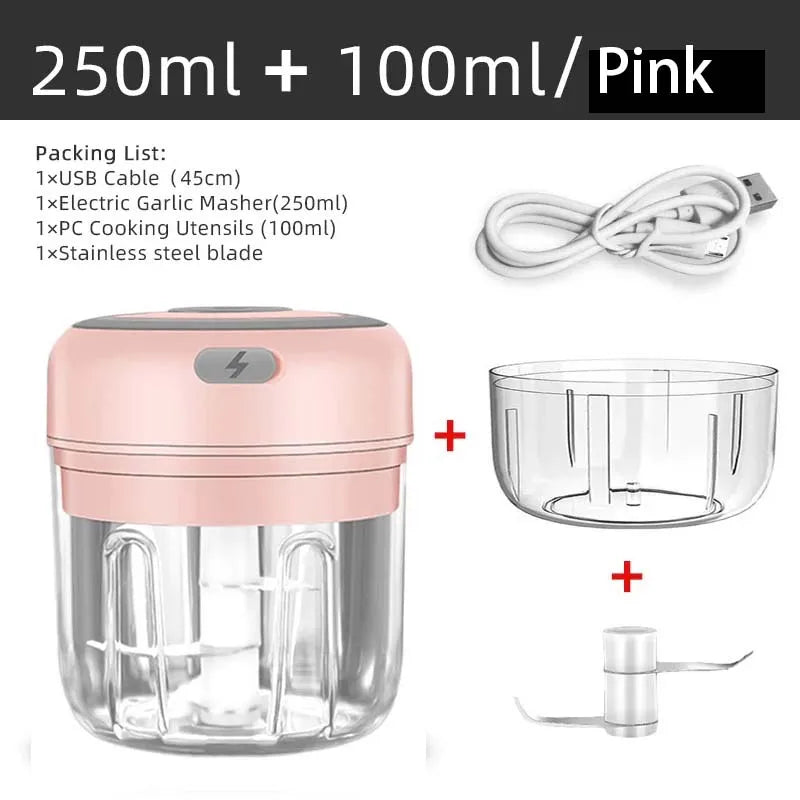Mini triturador de alho elétrico sem fio 100ml / 250ml Picador portátil Carregamento USB Gengibre Pimentão Máquina de espremer vegetais Cozinha