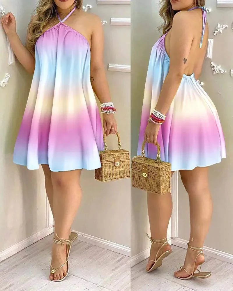 Vestido de Estampa Tropical com Decote Halter, Estilo de Férias Vestido Sem Costas para Primavera & Verão, Roupas Femininas