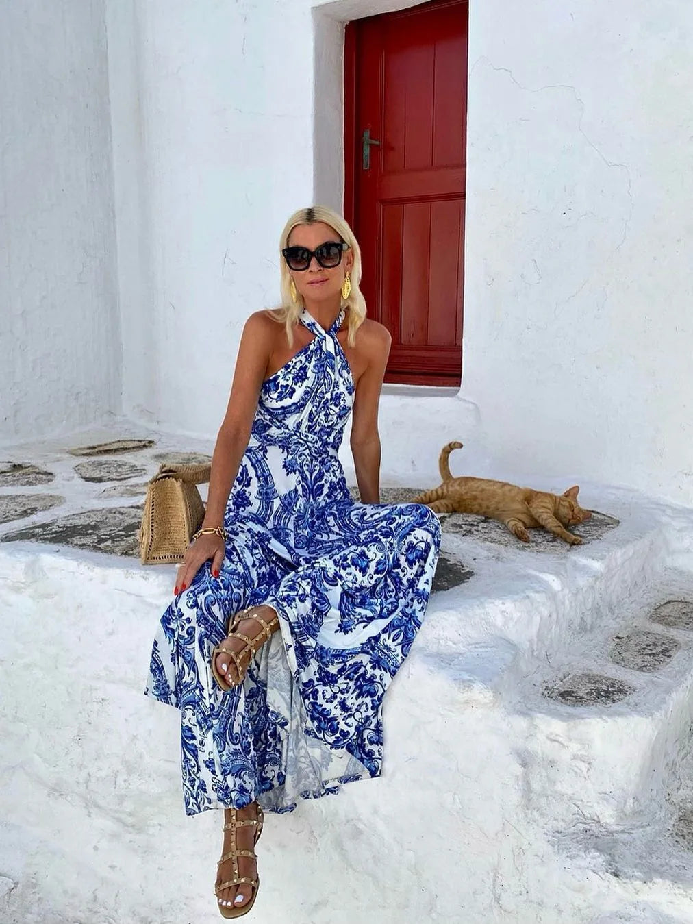 Fashion Trend Print Halter Neck Long Dresses Women Sexy Backless Sleeveless Vacation Style Maxi Dress Female Summer New Vestidos